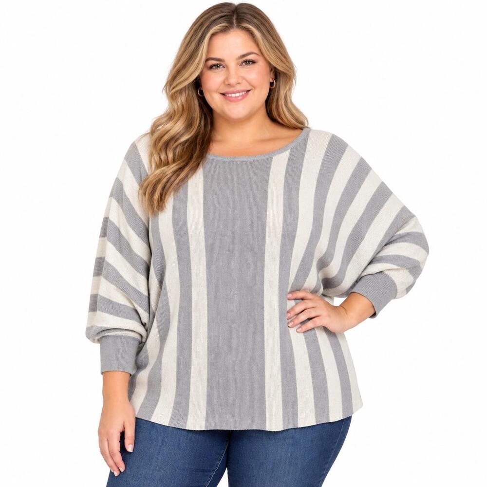 Cyrus Sweater Womens 3X Gray Stripe Boat Neck Dolman Sleeve Knit Pullover